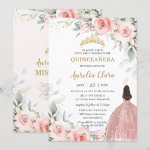 Blush Pink Floral Princess Roos Gold Quinceañera Kaart