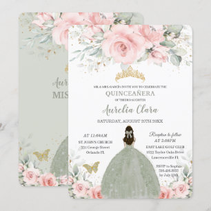 Blush Pink Floral Princess Sage Green Quinceañera Kaart