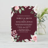Blush Pink Floral QR Code Burgundy Weddenschap Kaart (Staand voorkant)