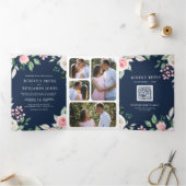 Blush Pink Floral QR Code Navy Blue Weddenschap Drieluik Uitnodiging (Binnen)