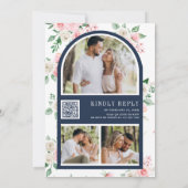 Blush Pink Floral QR Code Navy Blue Weddenschap Kaart (Achterkant)