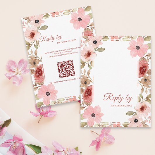 Blush Pink Floral QR Code Wedding Reply By RSVP Kaartje