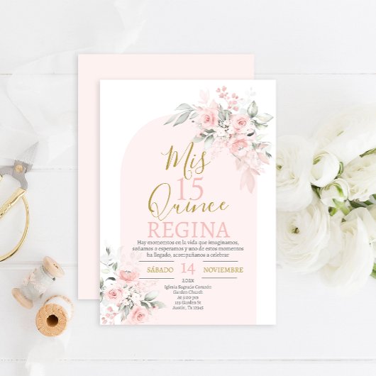 Blush Pink Floral Quinceañera Kaart