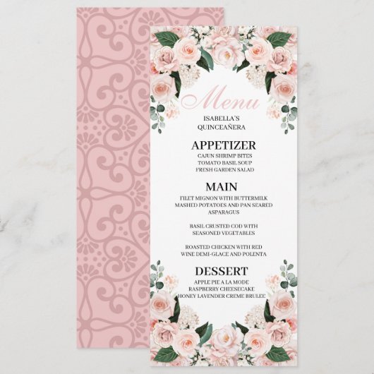 Blush Pink Floral Quinceanera Menu Kaart (Voorkant / Achterkant)