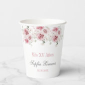 Blush Pink Floral Quinceañera Papieren Bekers (Achterkant)
