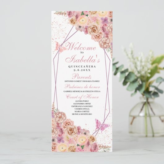 Blush Pink Floral Quinceanera Programme Kaart (Staand voorkant)