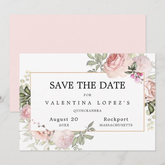 Blush Pink Floral Quinceanera Save The Date (Voorkant / Achterkant)