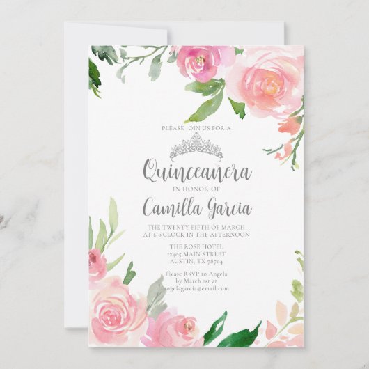 Blush Pink Floral Quinceañera Silver Tiara Elegant Kaart (Voorkant)
