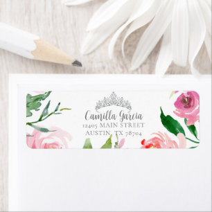 Blush Pink Floral Quinceañera Tiara Return Address Etiket