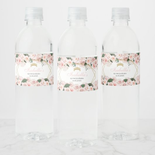 Blush Pink Floral Quinceanera Waterfles Etiket (Flessen)