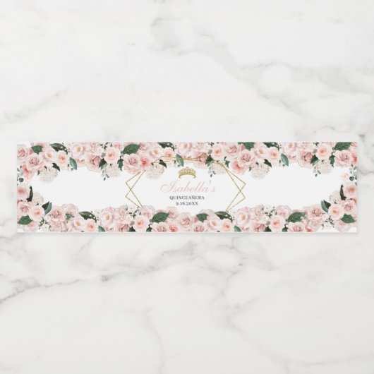 Blush Pink Floral Quinceanera Waterfles Etiket (Enkel label)