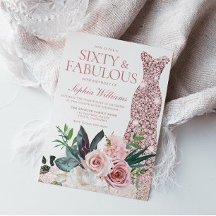 Blush Pink Floral Roos Gold Dress 60th Birthday Kaart
