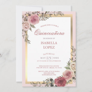Blush Pink Floral Roos Gold Quinceañera Kaart