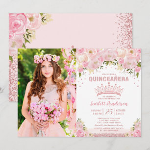 Blush Pink Floral Roos Gold Quinceañera Verjaardag Kaart