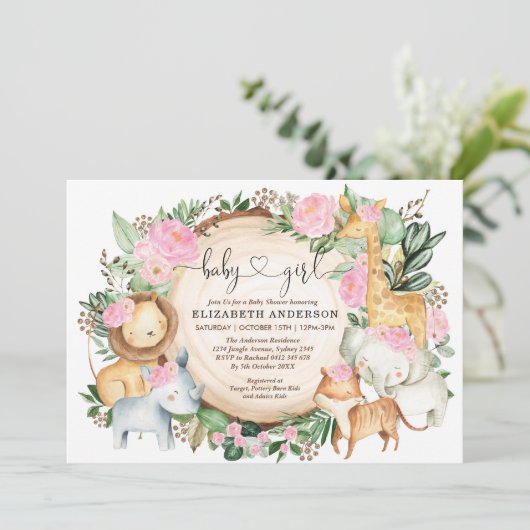 Blush Pink Floral Safari Oerwoud Wilde Baby shower Kaart (Staand voorkant)