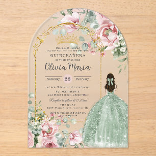Blush Pink Floral Sage Green Quinceañera Sweet 16 Acryl Uitnodigingen