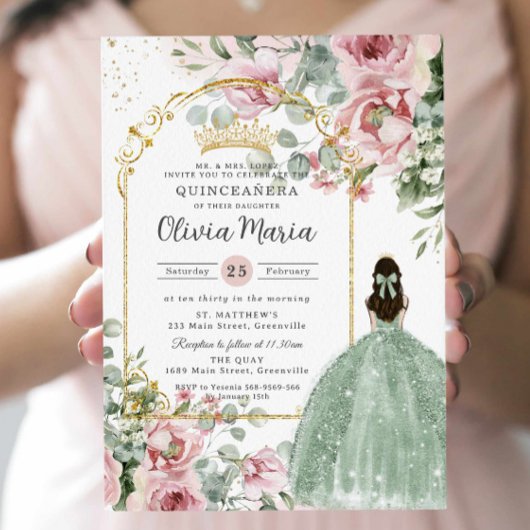 Blush Pink Floral Sage Green Quinceañera Sweet 16 Kaart