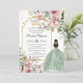 Blush Pink Floral Sage Green Quinceañera Sweet 16 Kaart (Staand voorkant)