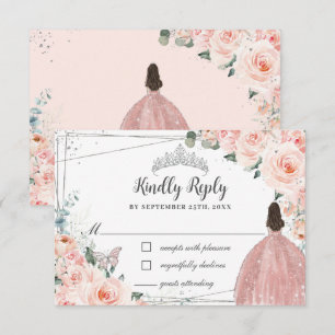 Blush Pink Floral Silver Butterfly Quinceañera RSVP Kaartje