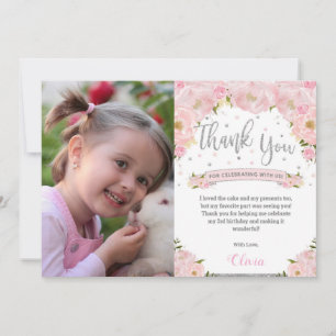 Blush Pink Floral Silver Glitter Birthday Foto Bedankkaart