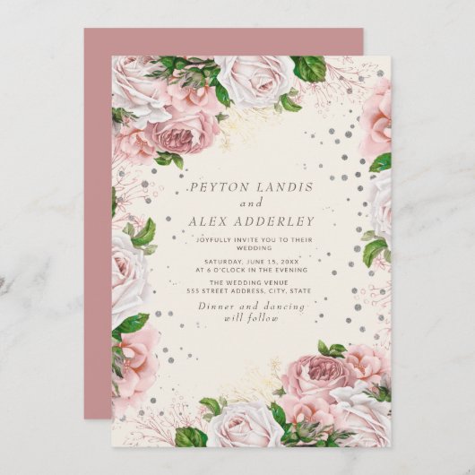 Blush Pink  Floral Silver Glitter Wedding Kaart (Voorkant / Achterkant)