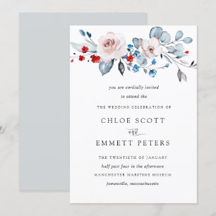 Blush Pink Floral Soft Blue a Dash of Red Wedding Kaart