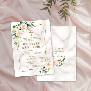 Blush Pink Floral Spain 1st Birthday Baptisme Kaart