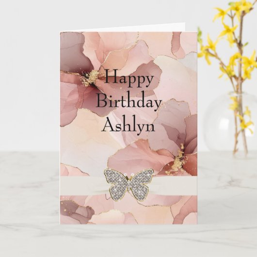 Blush Pink Floral Sparkle Butterfly Verjaardag Kaart (Gele Bloem)