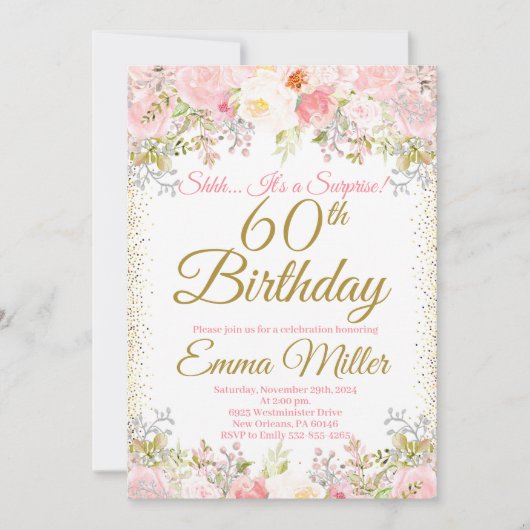 Blush Pink Floral Surprise 60th Birthday Kaart (Voorkant)