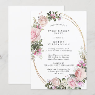 Blush Pink Floral Sweet Sixteen Partij Kaart