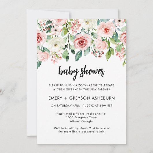 Blush Pink Floral Virtual Baby shower Invitation Kaart (Voorkant)
