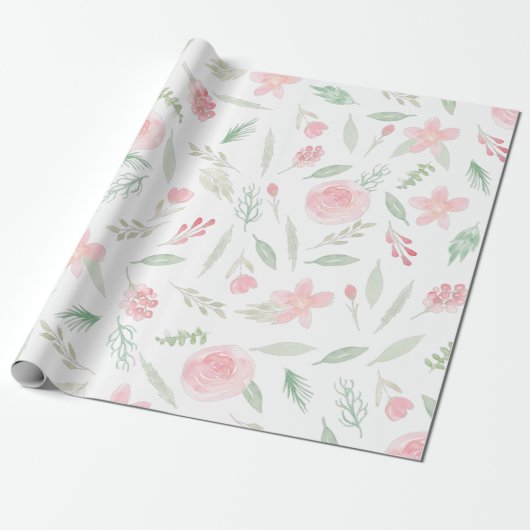 Blush Pink Floral Waterverf Cadeaupapier (Uitgerold)