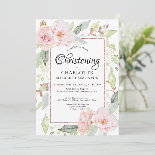 Blush Pink Floral Waterverf Christening Kaart (Staand voorkant)