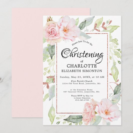 Blush Pink Floral Waterverf Christening Kaart (Voorkant / Achterkant)