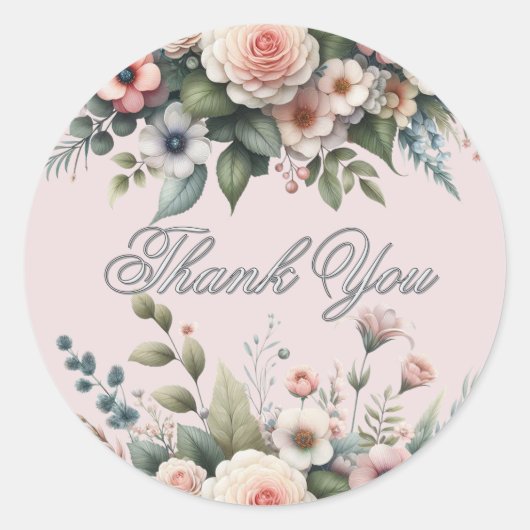 Blush Pink Floral Waterverf Dank u Ronde Sticker (Voorkant)