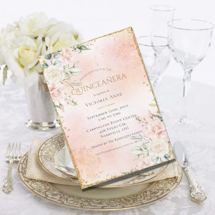 Blush Pink Floral Waterverf Gold Quinceañera Kaart