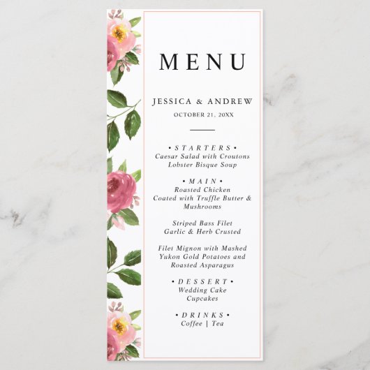 Blush Pink Floral Waterverf Wedding Menu (Voorkant)
