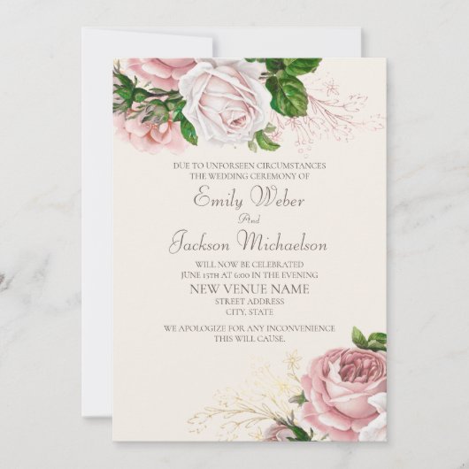 Blush Pink Floral Wedde Venue Change Kaart (Voorkant)