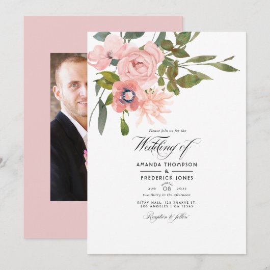 Blush Pink Floral Weddenfoto Kaart (Voorkant / Achterkant)