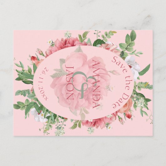 Blush Pink Floral Weddenschap Opslaan Datum Aankondigingskaart (Achterkant)