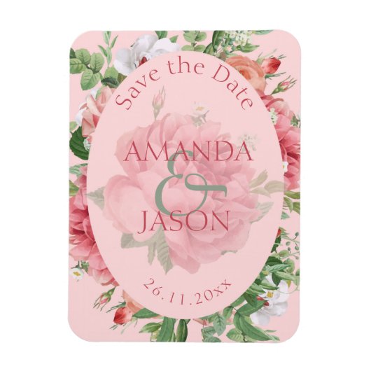 Blush Pink Floral Weddenschap Opslaan Datum Magneet (Verticaal)