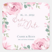  Blush Pink Floral Wedding Bewaar de datum Vierkante Sticker (Voorkant)