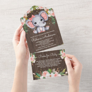 Blush Pink Floral Wood Cute Elephant Baby shower All In One Uitnodiging