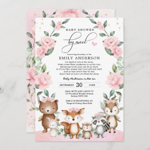 Blush Pink Floral Woodland Animals Baby shower Kaart