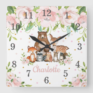Blush Pink Floral Woodland Animals Girl Nursery Vierkante Klok