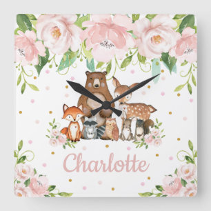 Blush Pink Floral Woodland Animals Girl Nursery Vierkante Klok