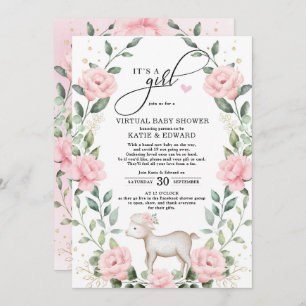 Blush Pink Floral WreatLamb Virtual Baby shower Kaart