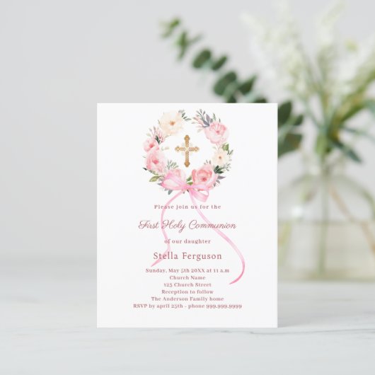 Blush pink florals bow First Communion invitation (Staand voorkant)