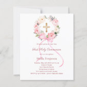 Blush pink florals bow First Communion invitation (Voorkant)
