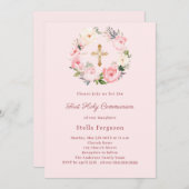 Blush pink florals cross First Communion Kaart (Voorkant / Achterkant)